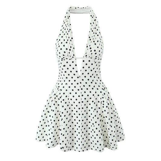 YENKYE French Style Retro Polka Dot Deep V Halter Dress Women Sexy Backless A-line Slim Sweet Elegant Mini Dresses Summer Rob