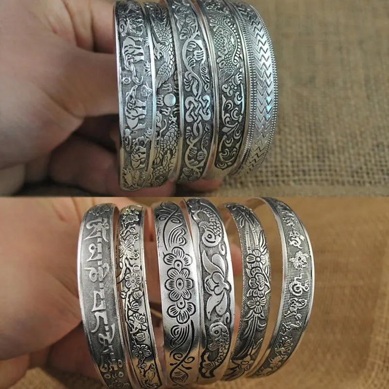 New Retro Cuff Bracelets Tibetan Silver Metal Carving Fish Elephant Flower Bangles Vintage Gypsy Jewelry Female Gifts