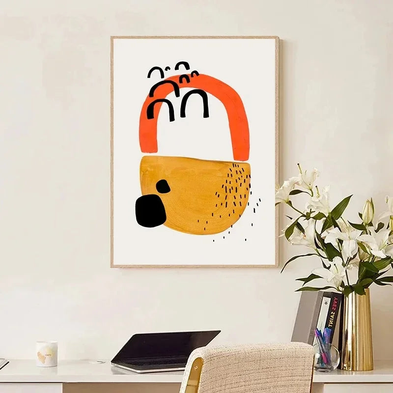 Minimalist Mid Century Watercolor Brush Strokes Poster Abstract Orange Canvas Print Painting Wall Art Picture Living Room Dec
