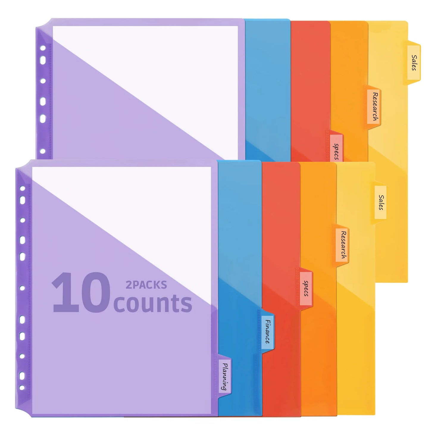 10-Pack 5 Color Binder Dividers with Pockets & Tabs, A4 PP Index Dividers for 2/3/4/11 Ring Binders, Office School Organizati