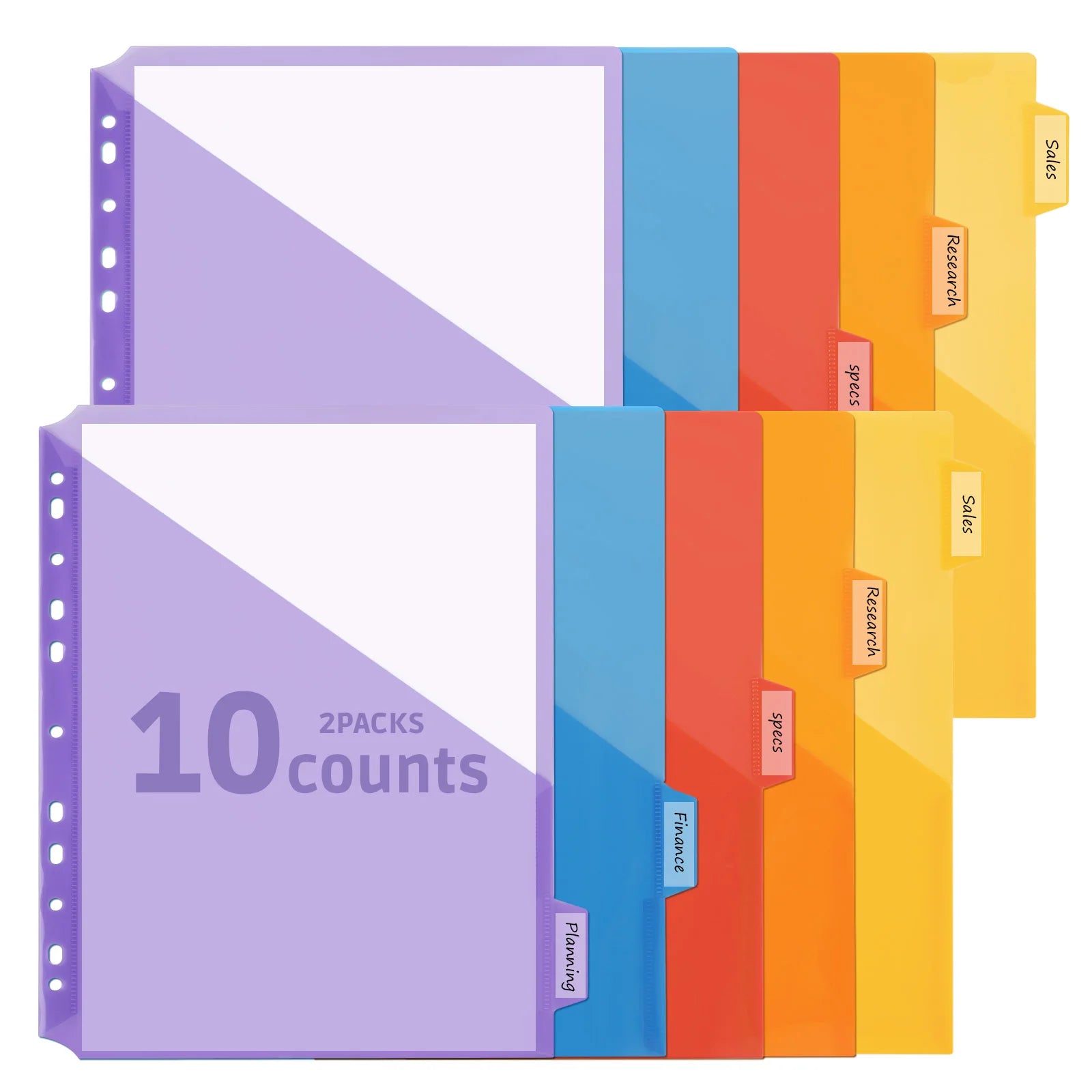 10-Pack 5 Color Binder Dividers with Pockets & Tabs, A4 PP Index Dividers for 2/3/4/11 Ring Binders, Office School Organizati