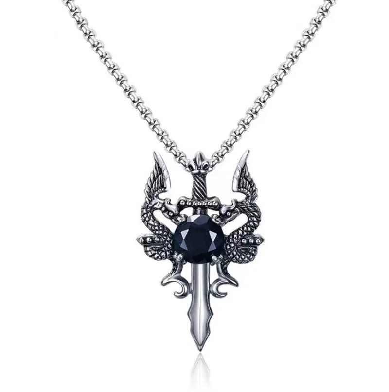 1 Gothic Dragon Water Diamond Long Necklace Men's Dominant Retro Dragon Necklace - Plating Gun