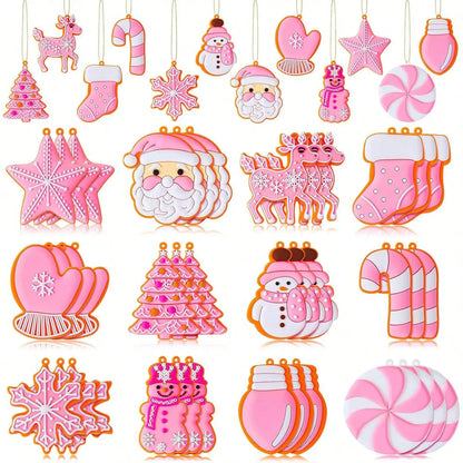 Pink Christmas Tree Ornaments Gingerbread Snowflake Silicone Balls Hanging Decor For DIY Crafts