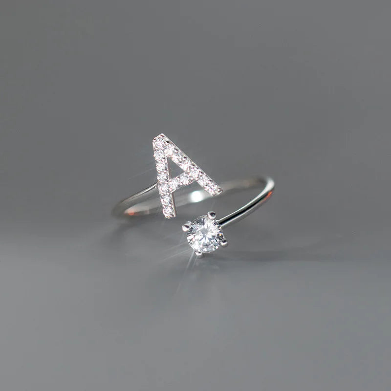 Zircon Initial A-Z Letter Ring For Women Metal Adjustable Opening Ring Name Alphabet Female Wedding Gift Anillos Mujer - A