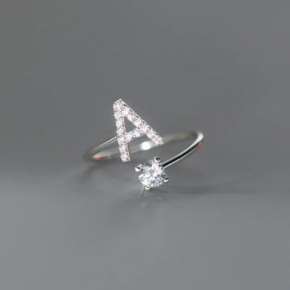 Zircon Initial A-Z Letter Ring For Women Metal Adjustable Opening Ring Name Alphabet Female Wedding Gift Anillos Mujer - A