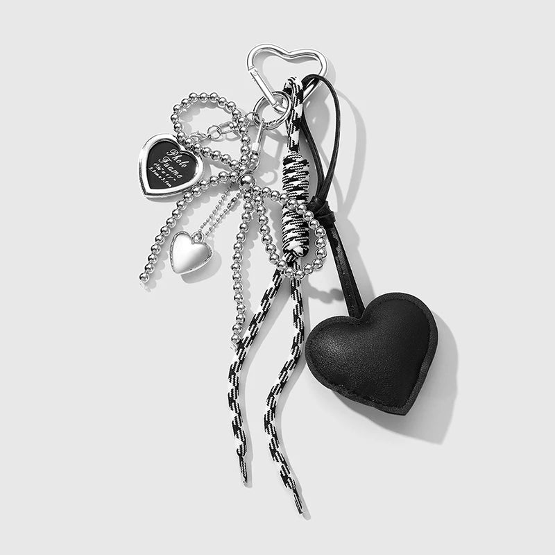 Luxury Charm Tassel Love Heart Pendant Handmade Creative Bowknot Keychain Cute Glossy Pendant Keychain Bag Accessories - blac