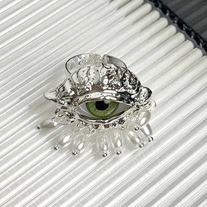 Aesthetic Vintage Devil's Eye Ring Tassels Imitated Pearl Glaze Ring Trendy Delicate Opening Finger Ring Party Favors