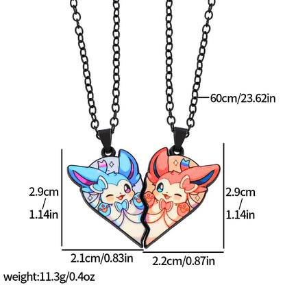 2-piece cute Eevee cartoon pendant necklace with heart patchwork, anime-style metal necklace