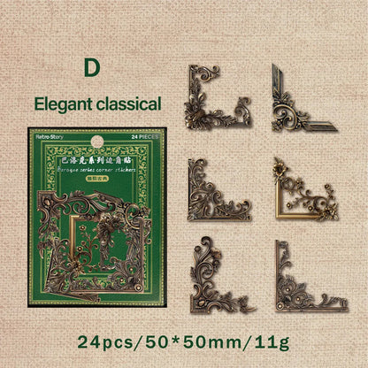 24pcs/pack Vintage Corner Stickers Retro Hollowed Out Photo Frames Stickers Collage Junk Journal Scrapbooking Material - D