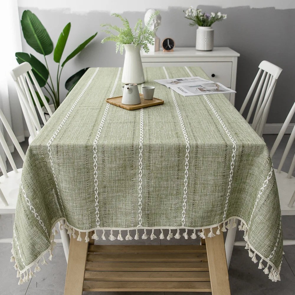 Cotton Linen Stripe Tassel Tablecloth Stain Resistant Dust-Proof Table Cover for Kitchen Dinning Tabletop Decoration Rectangu