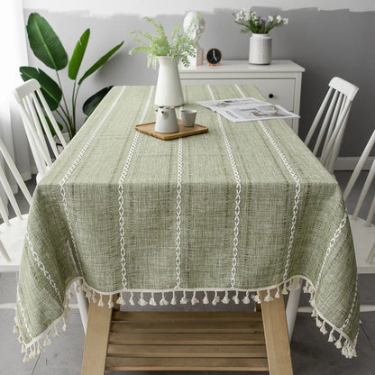 Cotton Linen Stripe Tassel Tablecloth Stain Resistant Dust-Proof Table Cover for Kitchen Dinning Tabletop Decoration Rectangu