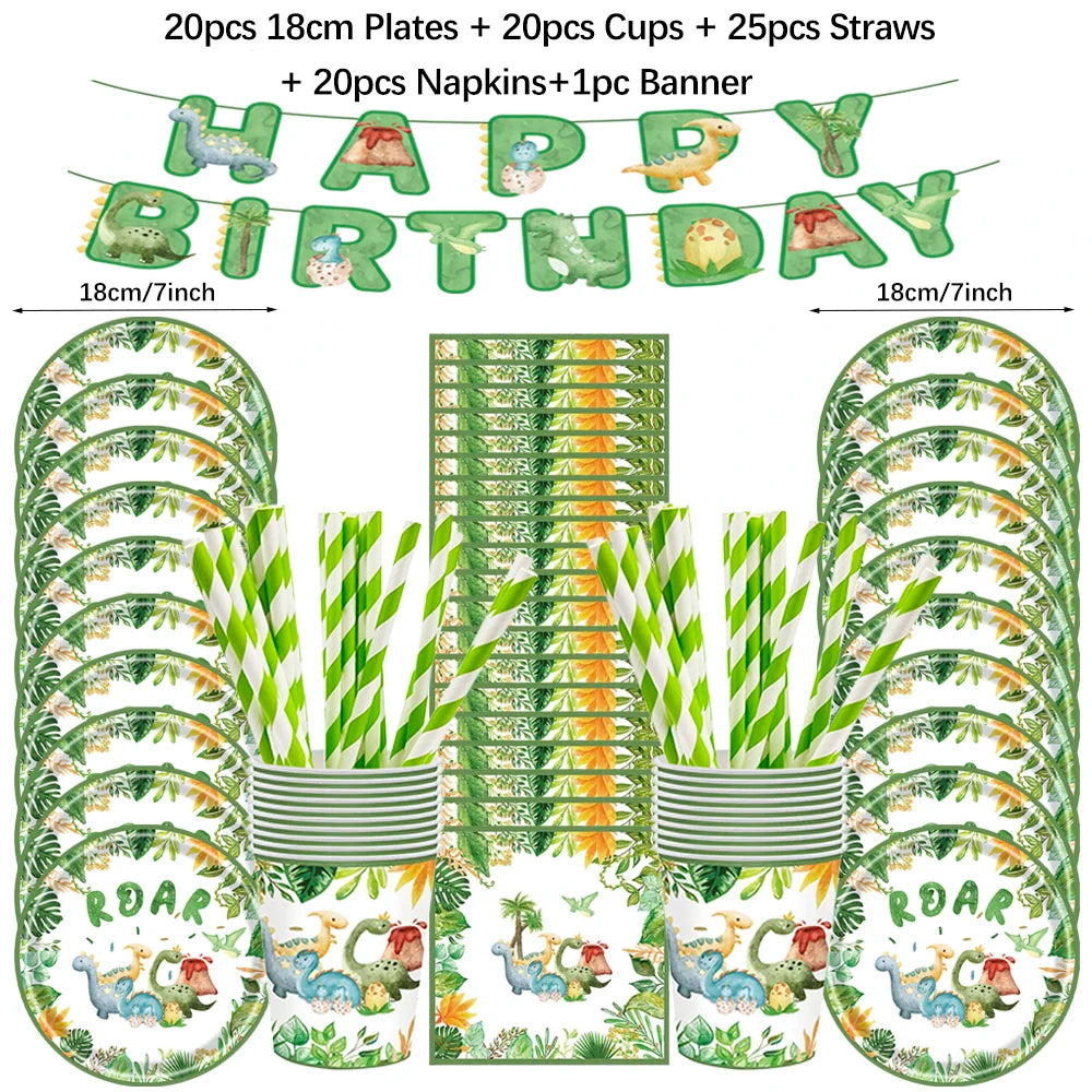 Cartoon Dinosaur Birthday Disposable Tableware Paper Plates Cups Napkin Tablecloth Dinosaur Roar Theme Birthday Party Decorat
