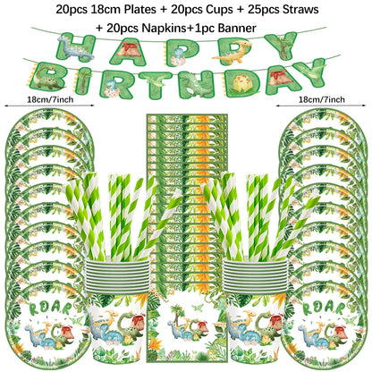 Cartoon Dinosaur Birthday Disposable Tableware Paper Plates Cups Napkin Tablecloth Dinosaur Roar Theme Birthday Party Decorat
