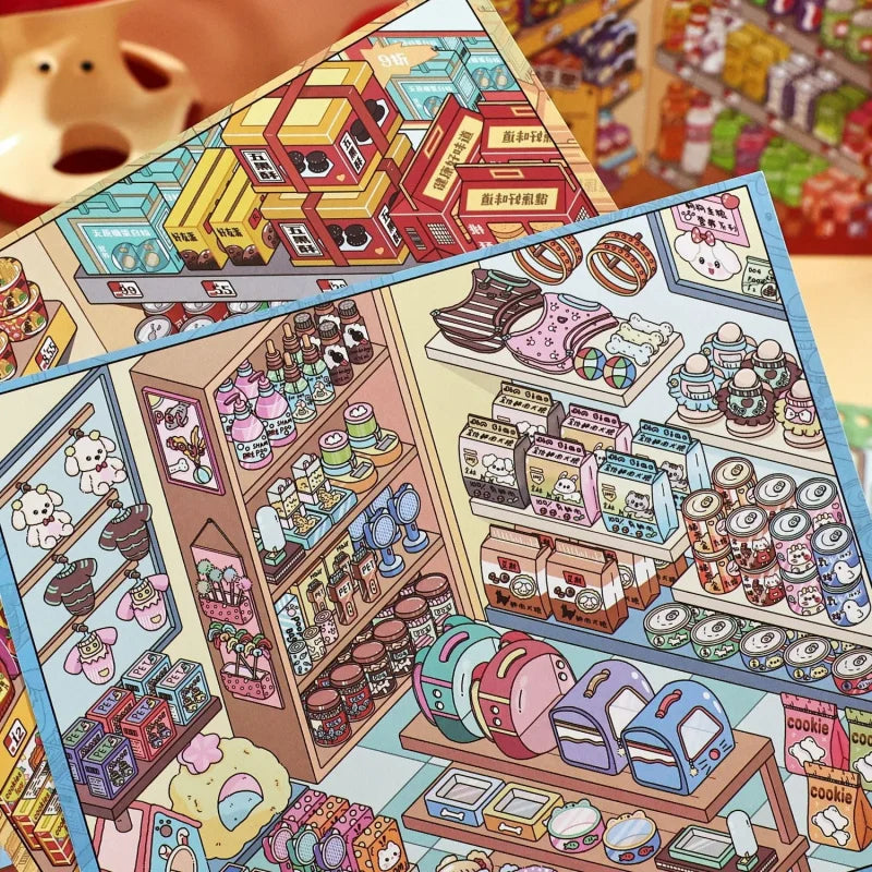 28 Sheets Cartoon Store Display Diorama Sticker Book Creative 3D Scene Collage Stickers Scrapbooking DIY Journal Card Craft