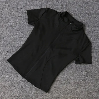 Casual Slim Sports Coat For Women Short Sleeve Solid Zipper Tops Female Cycling Running Yoga Outfit Clothes Summer Sport Jack