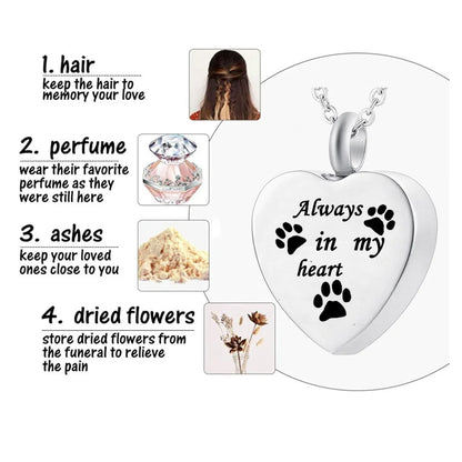 Cremation Jewelry for Ashes Always in My Heart Stainless Steel Heart Pet Paw Keepsake Pendant Memorial Urn Necklace