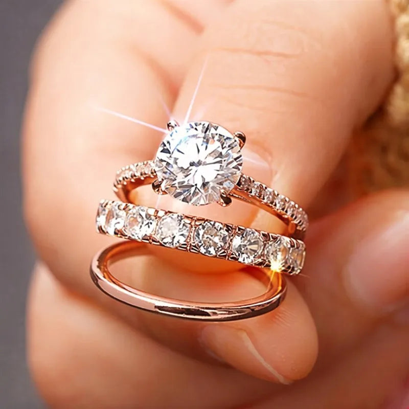 Huitan Gorgeous 3Pcs Set of Rings Female Luxury Shiny Round Zirconia Finger Jewelry Fashion Gold Color Accessories for Weddin