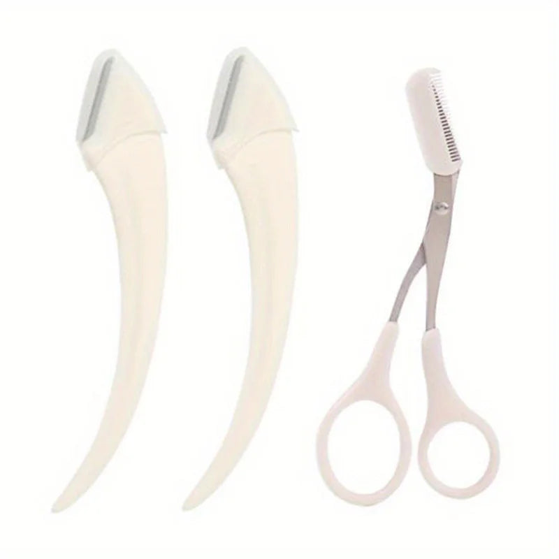 Eyebrow Trimmer Set, Curved Eyebrow Razor, Eyebrow Scissors With Comb, Convenient Easy Beauty Tools For Beginners - 3Pcs Whit