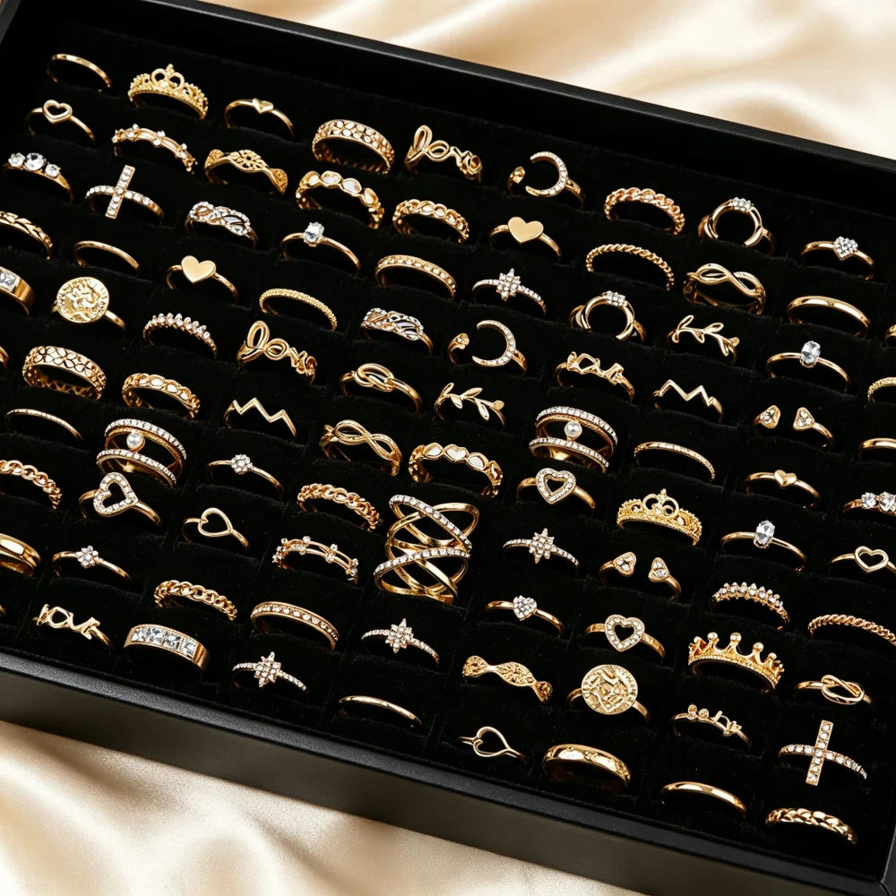 20/30/50Pcs/Lot Elegant Bohemia Heart Moon Rings Set For Women Mix Style Fashion Jewelry For Birthday Daily Wear