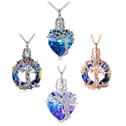 Cremation Jewelry Tree of Life Urn Necklace for Ashes with Crystal Memorial Keepsake Jewelry w/Funnel Filler Gifts for Women