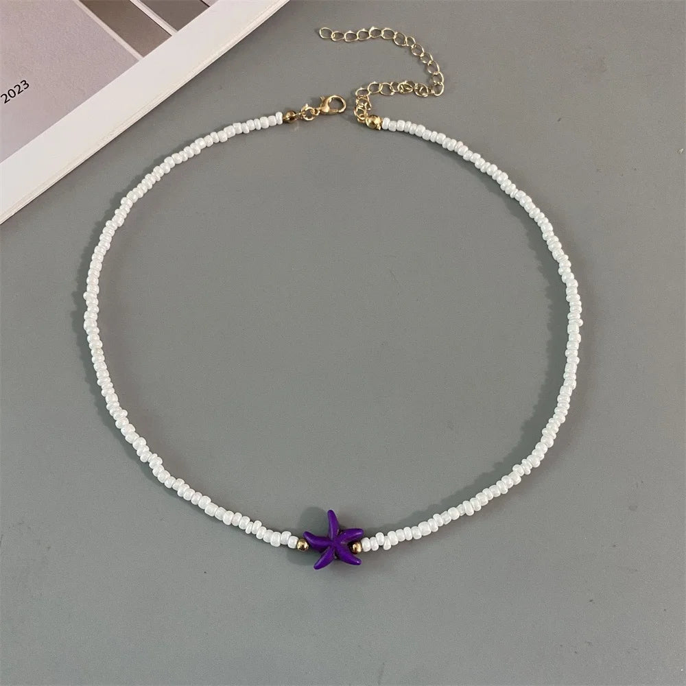 Shell Starfish Woman Short Necklace Summer Holiday Gift Handmade Choker Seed Beads Neck Jewelry White - C