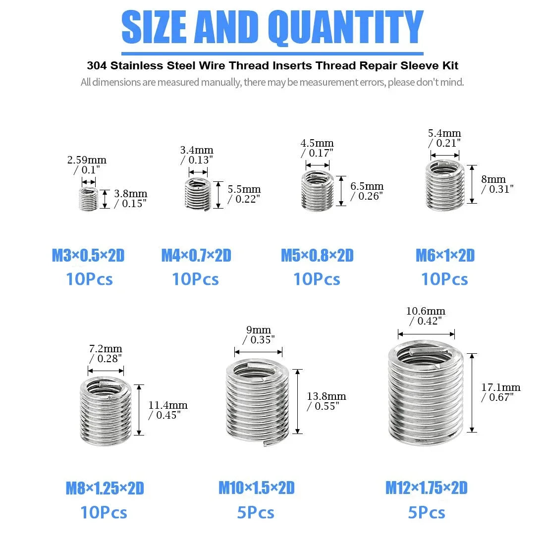 60Pcs Wire Thread Insert M3 M4 M5 M6 M8 M10 M12 Fastening Thread Insert Stainless Steel Spiral Wire Screw Sleeve Wear Repair 