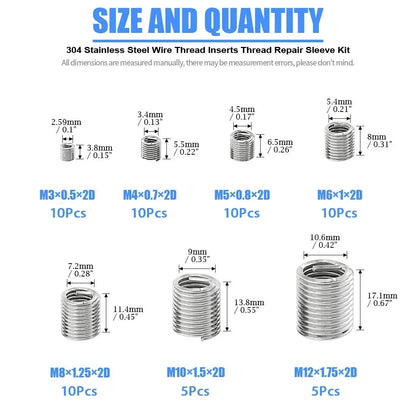 60Pcs Wire Thread Insert M3 M4 M5 M6 M8 M10 M12 Fastening Thread Insert Stainless Steel Spiral Wire Screw Sleeve Wear Repair 
