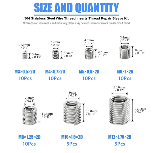 60Pcs Wire Thread Insert M3 M4 M5 M6 M8 M10 M12 Fastening Thread Insert Stainless Steel Spiral Wire Screw Sleeve Wear Repair 