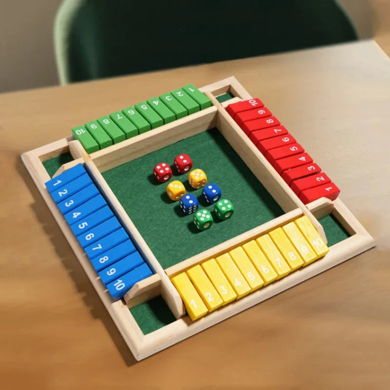 Wooden Arithmetic Dice Board Game – Flip Card Box with 4-Sided Number Tiles, Fun Multiplayer Dice Game for Family & Party