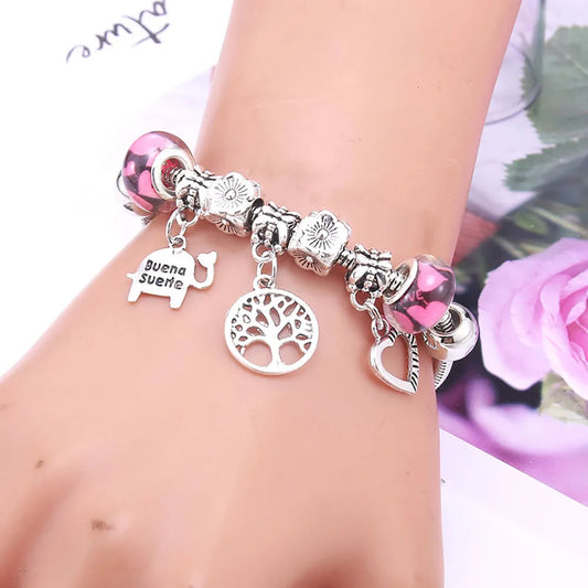 Pink Charm Bangle Lobster Buckle Snake Chain Beaded Bangles For Women Summer Romantic Gift Fashion Butterfly Bracelet Jewelry