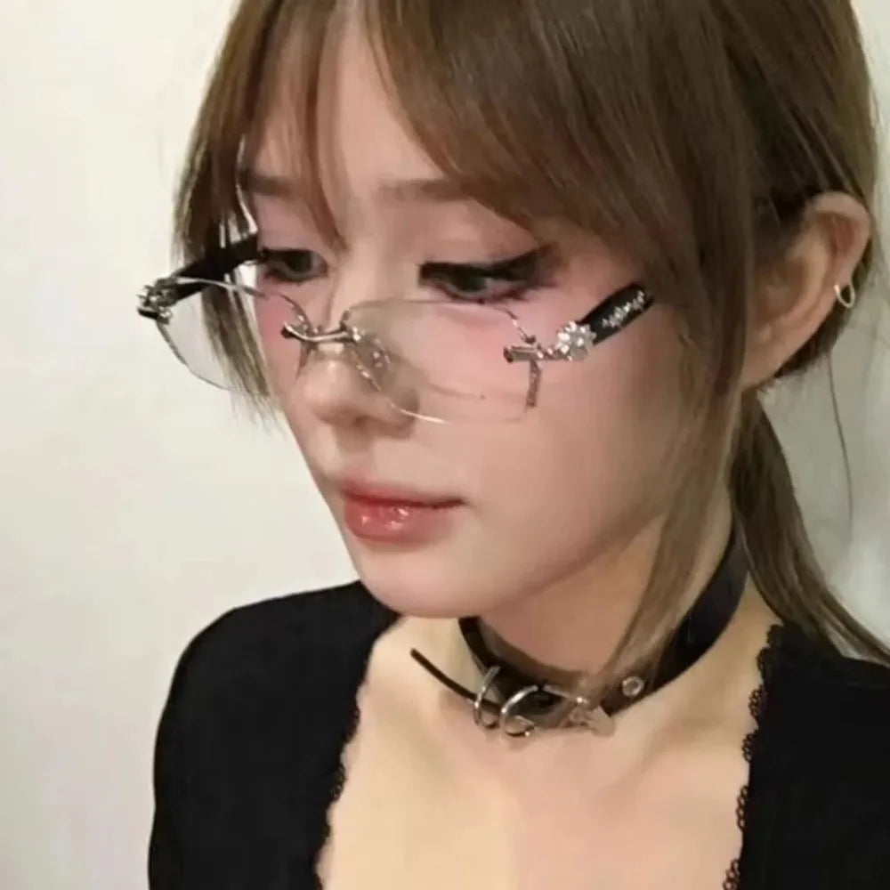 Fashion Y2K Vintage Frameless Cut Edge Glasses Anti Eyestrain Metal Anti-Blue Light Glasses Travel Eyewear Eye Protection