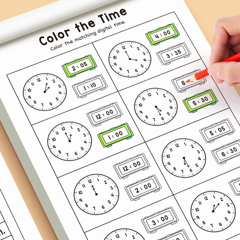 Children's Time Concept Practice Workbook, Suitable for Home School and Kindergarten Activities, Includes Reading and Math Pr