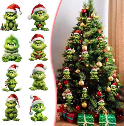 12pcs Whimsical Green Christmas Tree Ornaments - Acrylic Wooden Hanging Decorations For Holiday & Thanksgiving Home Decor - C