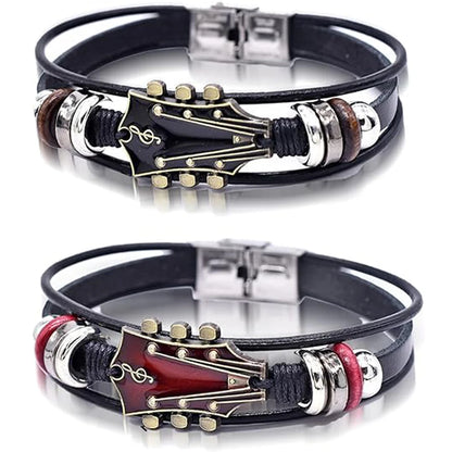 Retro Faux Leather Guitar Bracelet, Punk Rock Music Guitar Genuine Leather Bracelet, Handmade Braided Multi-Layer Wrap Bracel
