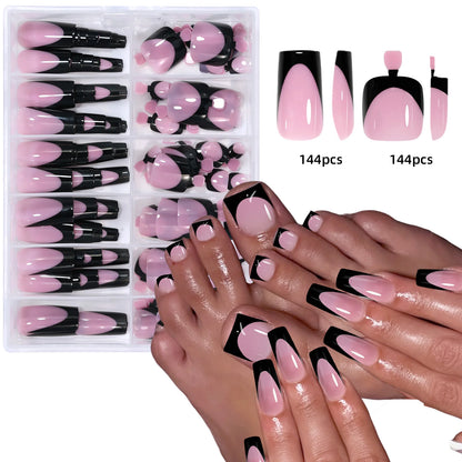 144pcs French hand and foot wear nail set summer short square shiny false toenail acrylic full coverage suitable for nail sal