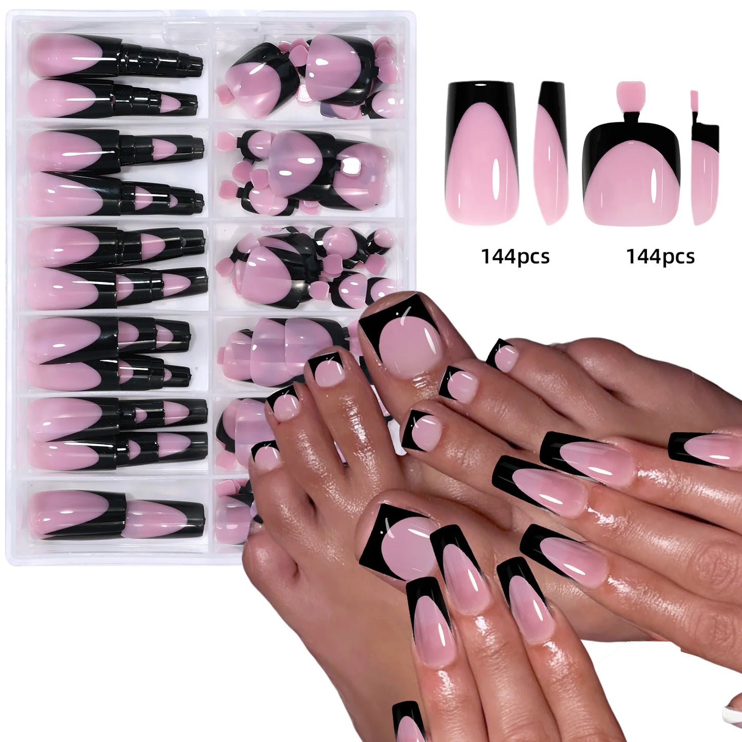 144pcs French hand and foot wear nail set summer short square shiny false toenail acrylic full coverage suitable for nail sal