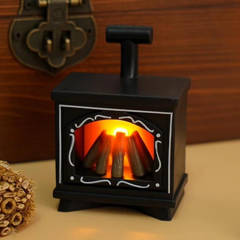 Dollhouse Miniature Fireplace Glowing Stove Model House Furniture Kitchen Living Scene Christmas Decor Toy - Black