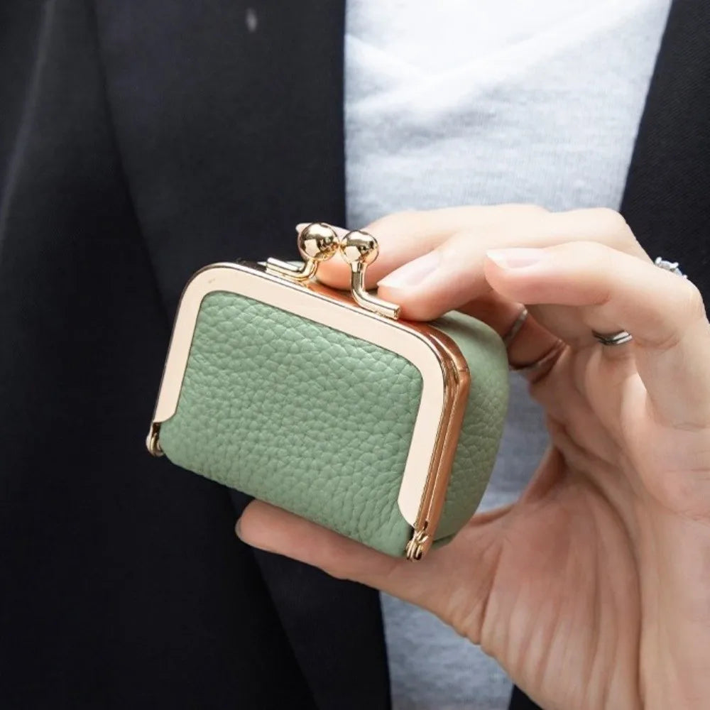 Wallet Genuine Leather Kiss Lock Coin Purse Solid Color Square Leather Jewelry Bag Multifunctional Mini Small Item Bag Earrin