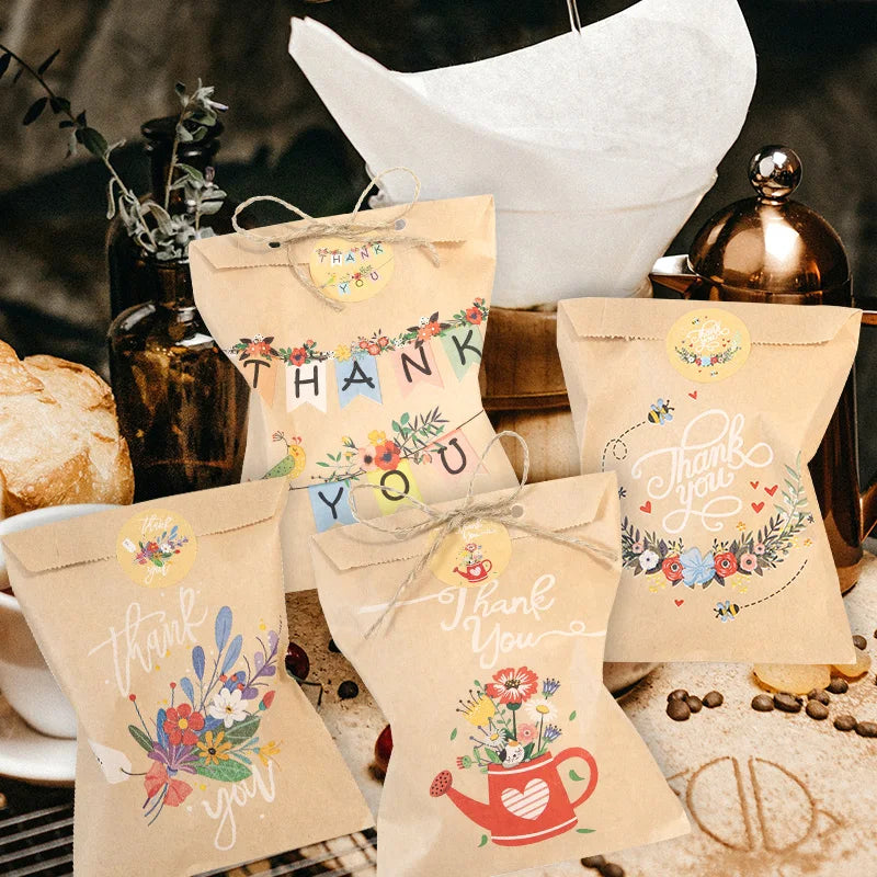 24Sets Thank You Kraft Paper Bags Cute Rainbow Dino Happy Birthday Gift Pouch Retro Flower Party Favor Bag Candy Cookie Suppl