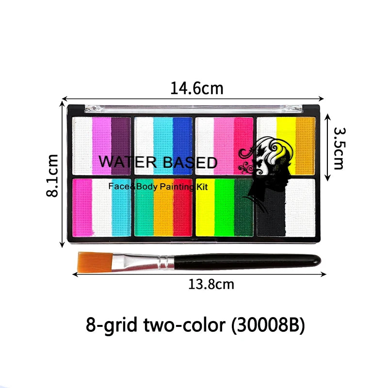 Palette Rainbow Stripe Paint Set with Brushes, Water Based Dual-Tone Face and Body Paint Palette, Christmas Halloween Cosplay