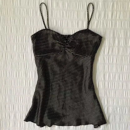 French Vintage Polka Dot Camisole Vest Women Summer Folds Sleeveless Y2k Crop Halter Tops Sweet hottie Slim Outerwear Tanks