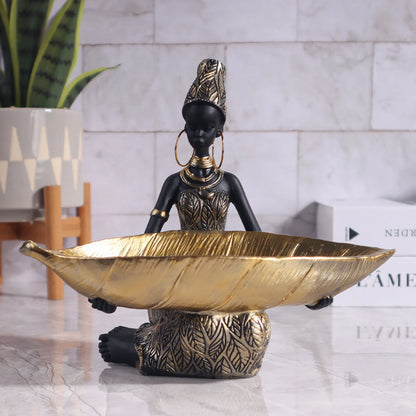 African Girl Holding a Plate Sculpture, Home and Office Decorative Storage Ornament, Vintage Collectible Craft Deskt Decor - 