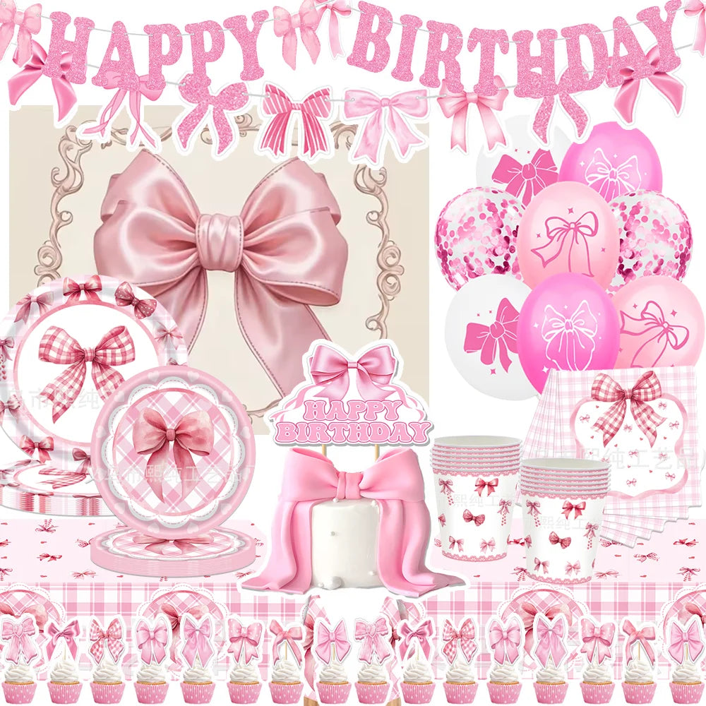 birthday party supplies, Pink Bow Birthday Party Set, personalized birthday decorations, custom birthday banner, party favors