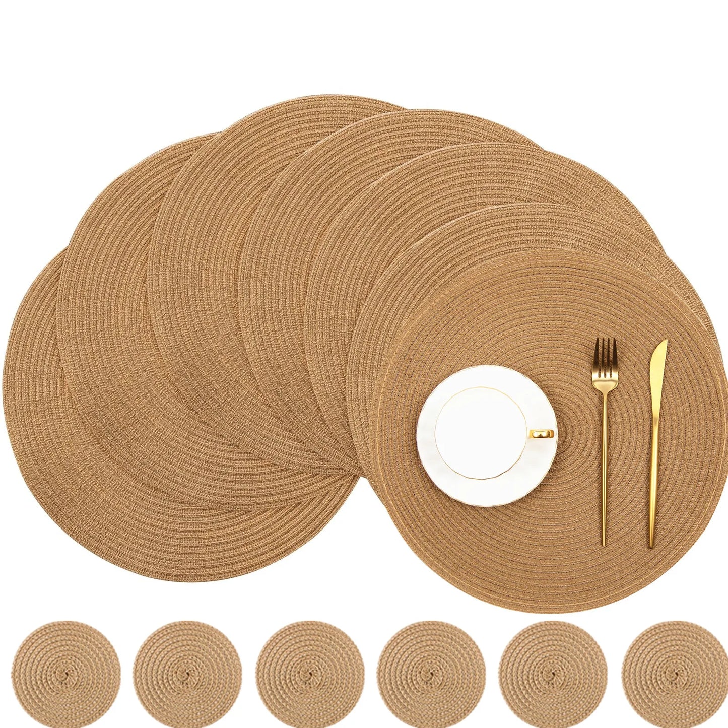 Round Braided Placemats Set of 6 Washable PP/PET Heat Resistant 34cm Table Place Mat for Kitchen Xmas Dining Table Party Deco