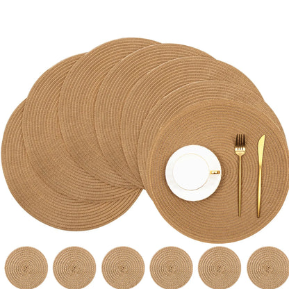 Round Braided Placemats Set of 6 Washable PP/PET Heat Resistant 34cm Table Place Mat for Kitchen Xmas Dining Table Party Deco