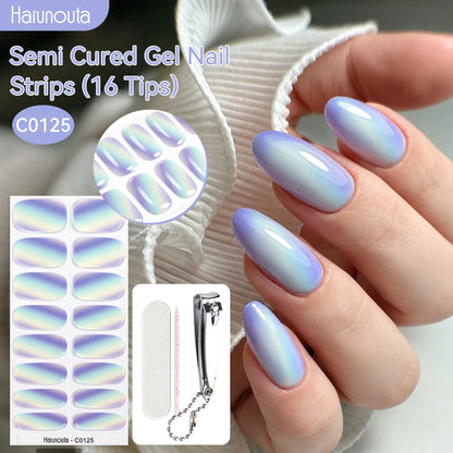 Harunouta 16strips Semi Cured Gel Nail Strips with Nail Clipper Set Self-Adhesive Glitter for Nails Work with UV/LED - Set 12