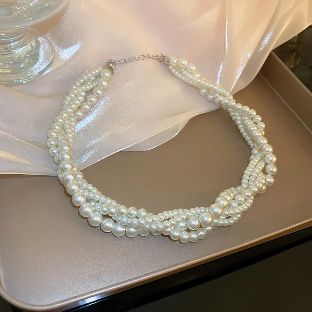 Vintage Twining Multilayer Pearl Choker Necklaces Women Elegant Imitation Pearl Clavicle Chain Party Jewelry Accessories Gift