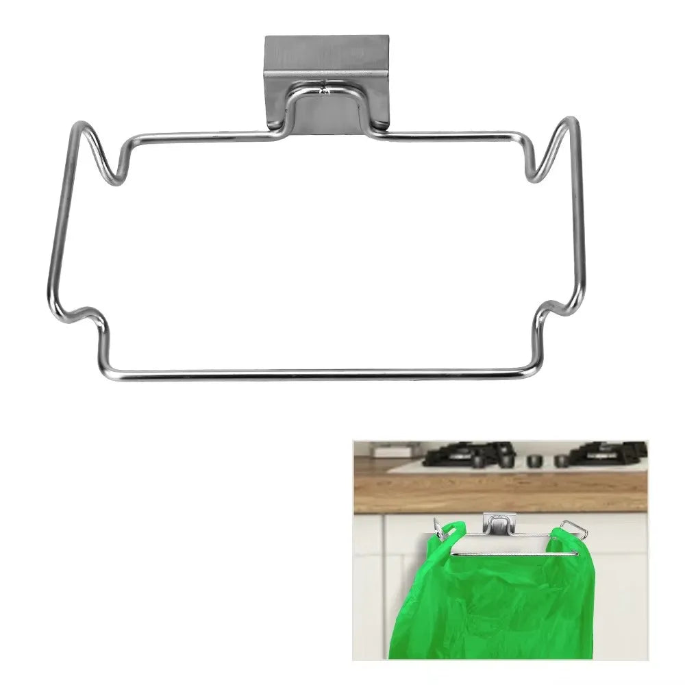 Kitchen Non Perforated Stainless Steel Garbage Rack With Hanging Bracket, Cabinet Door With Cloth And Garbage Bag Storage Rac