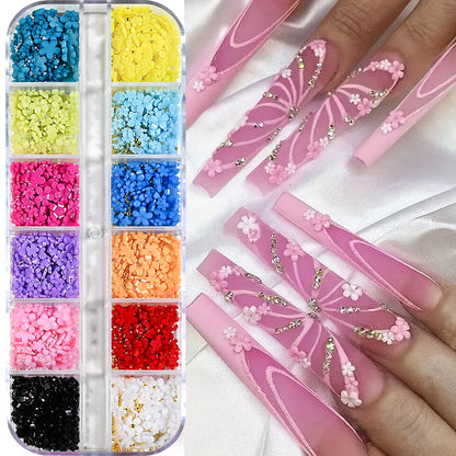 1box 3D Flower Bow Nail Art Decorations Kit Pink/White Acrylic Floral/Peal Beads Nail Charm with Wax Pen/Tweezer 4/6mm Nail P