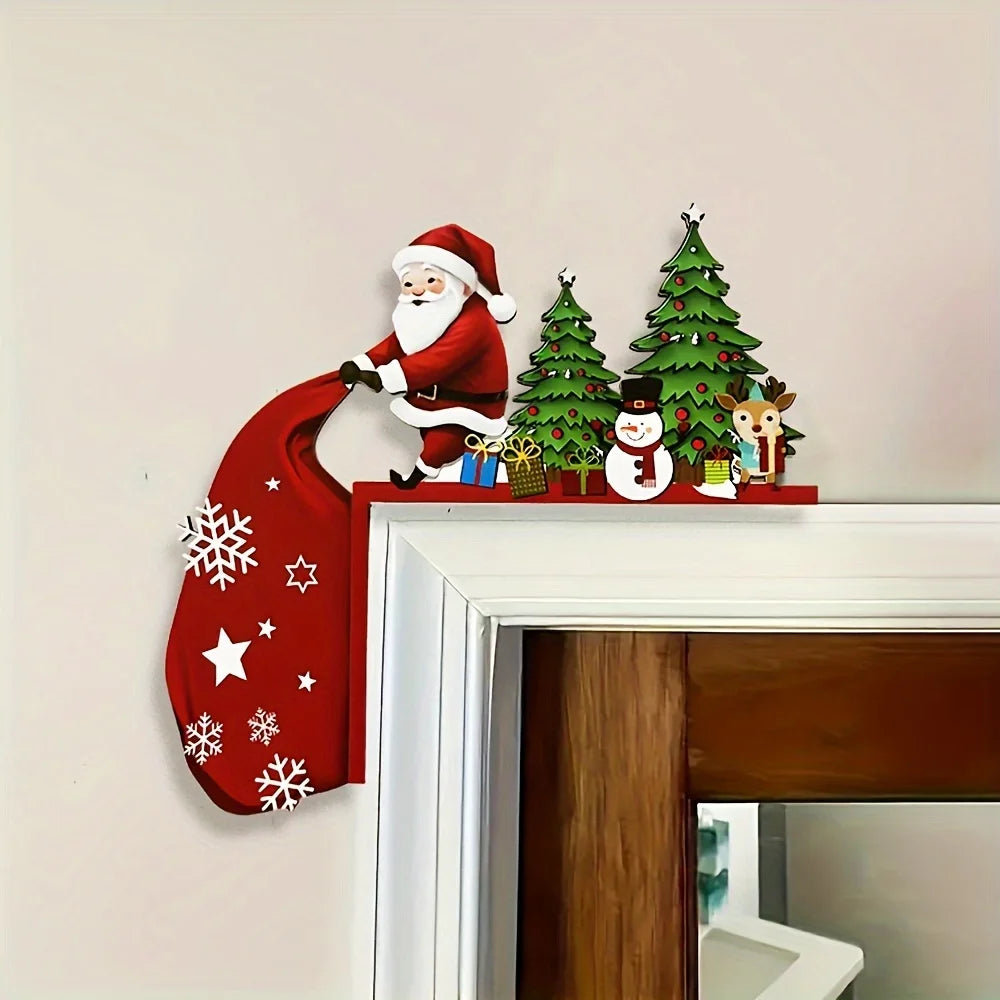 1 pieces of antique wooden Christmas door corner decoration -1 piece of Santa Claus with reindeer and snowman - Left